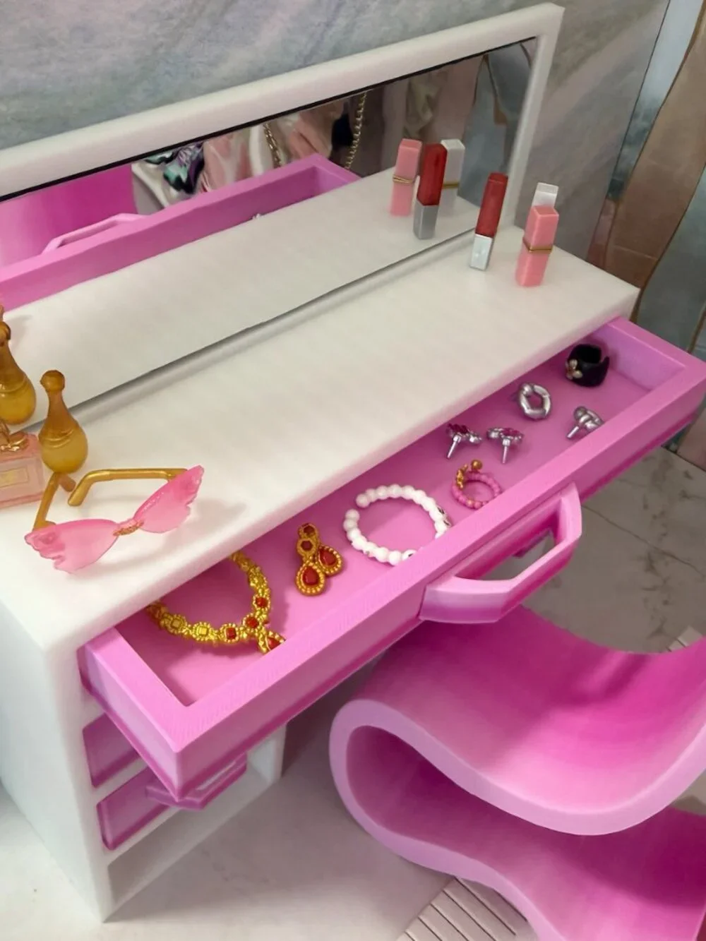 Doll Vanity Makeup Table with Mirror and Chair | 11.5 Inch Doll Furniture